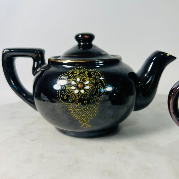 Vtg Japanese Black Ceramic Teapot & Redware Creamer Hand-Painted Floral Motifs - Picture 6 of 7